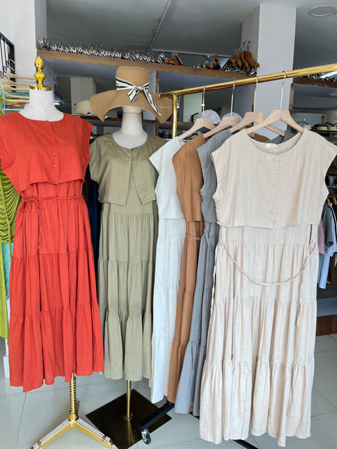 Linen Tiered Sundress With Crop Cardigan Sets